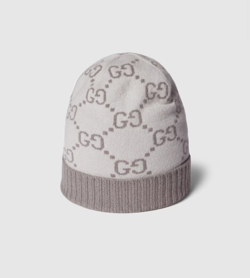Bonnet et Écharpe en jacquard de cachemire GG ivoire et gris clair