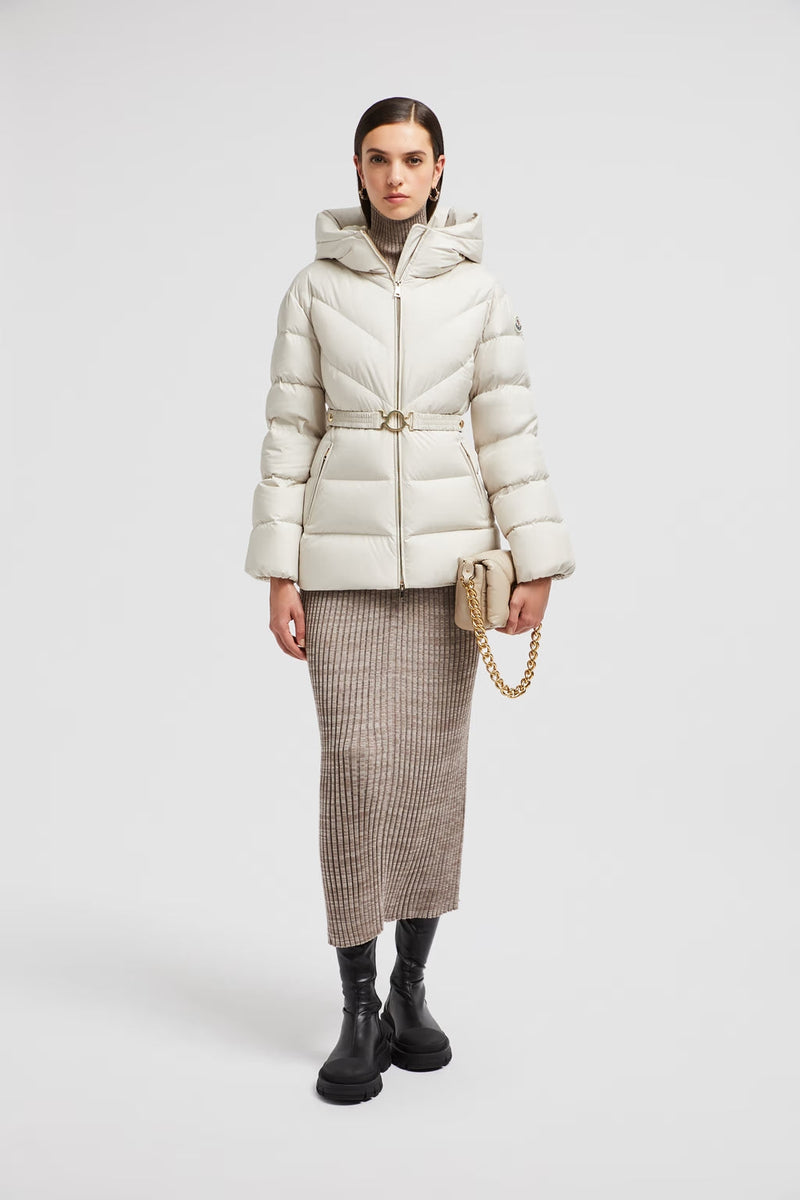 Moncler White Brosse short down jacket with hood and diagonal quilting